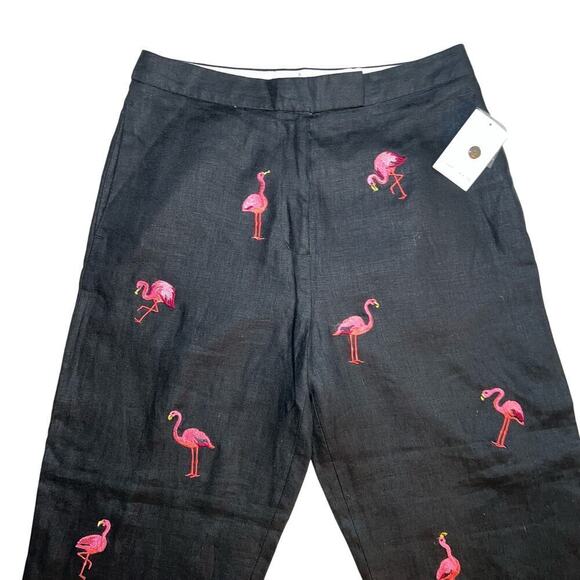 Deane & White 100% Linen Crop Black Pink Flamingo Embroidered Pants NWT Size 10 - Picture 2 of 8